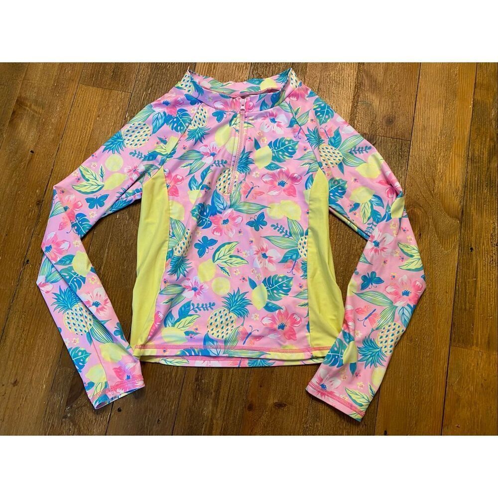Betsey Johnson size 14 rash guard swimwear top pink yellow floral girls
